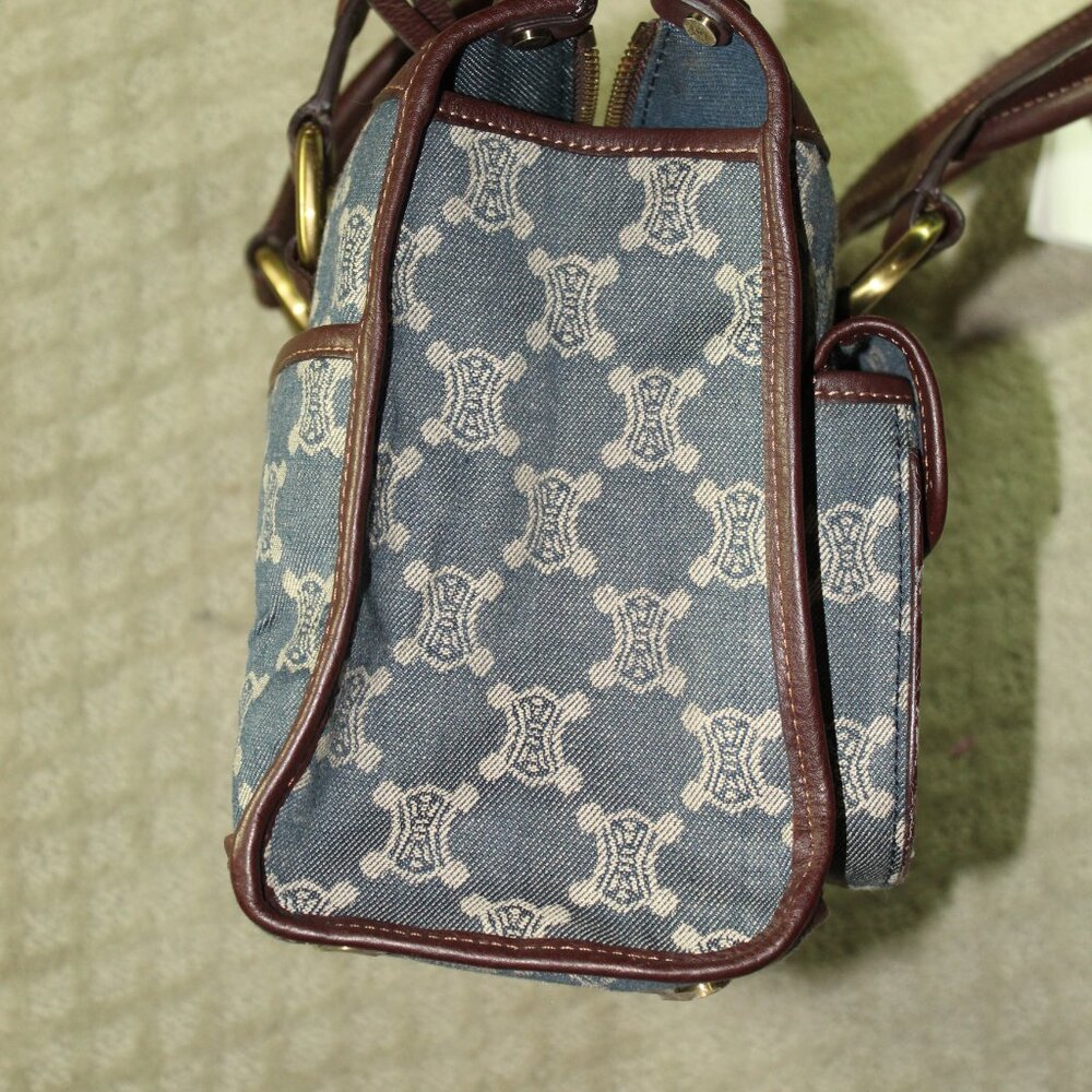 CELINE Macadam Denim Shoulder Bag Hand Bag Blue Canvas Leather *imperfect* - Picture 5 of 8